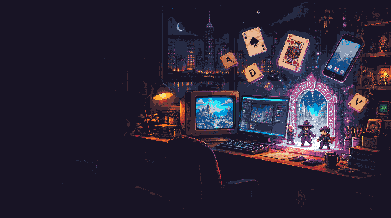 Pixel art of a late-night game dev desk: a CRT and a monitor glowing, playing cards, letter tiles and a phone floating above, and three tiny heroes stepping out of a glowing portal.