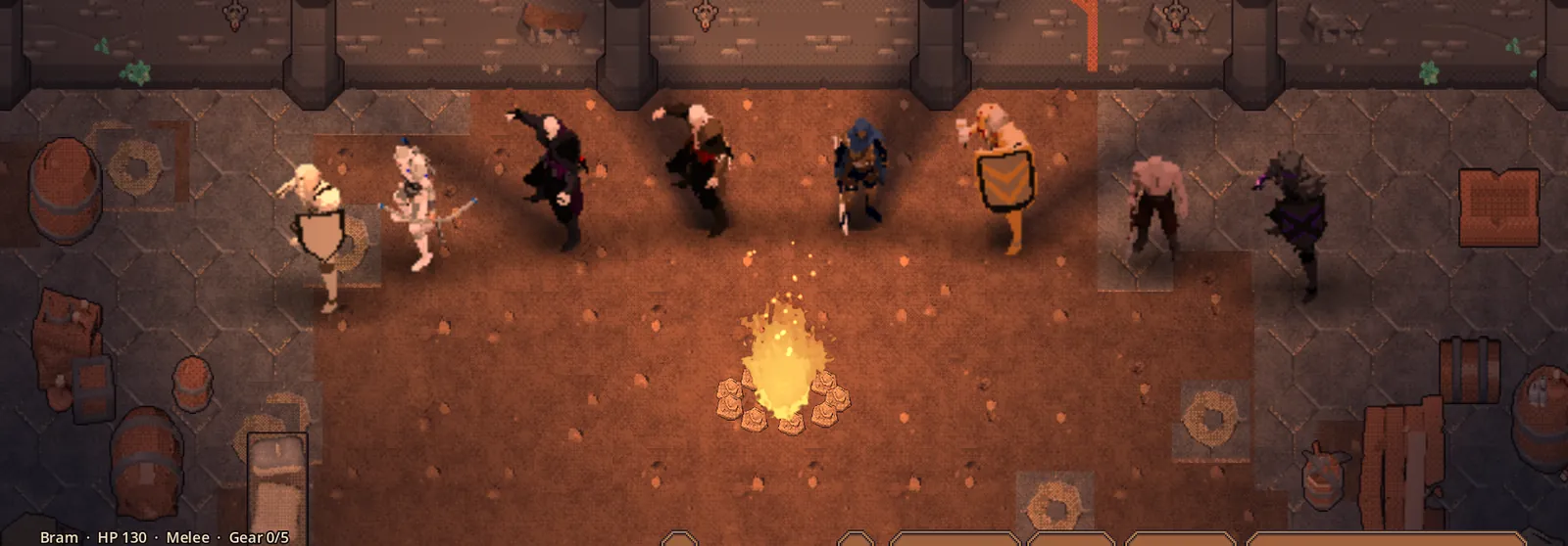 Dual Fuse hero select: eight heroes stand around a campfire deep under the sunken keep.