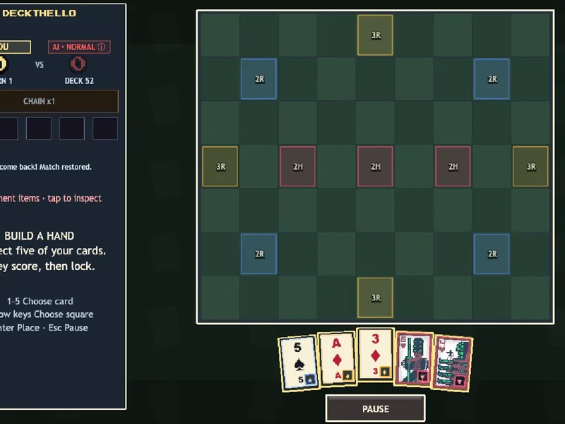Deckthello match against the AI: a 7 by 7 board with bonus squares and a hand of five playing cards below.