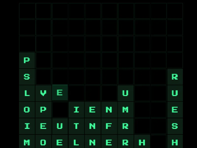 LetterMatrix in play: green letter tiles stack up on a 10 by 10 board next to an on-screen keyboard and the stage target of 500.